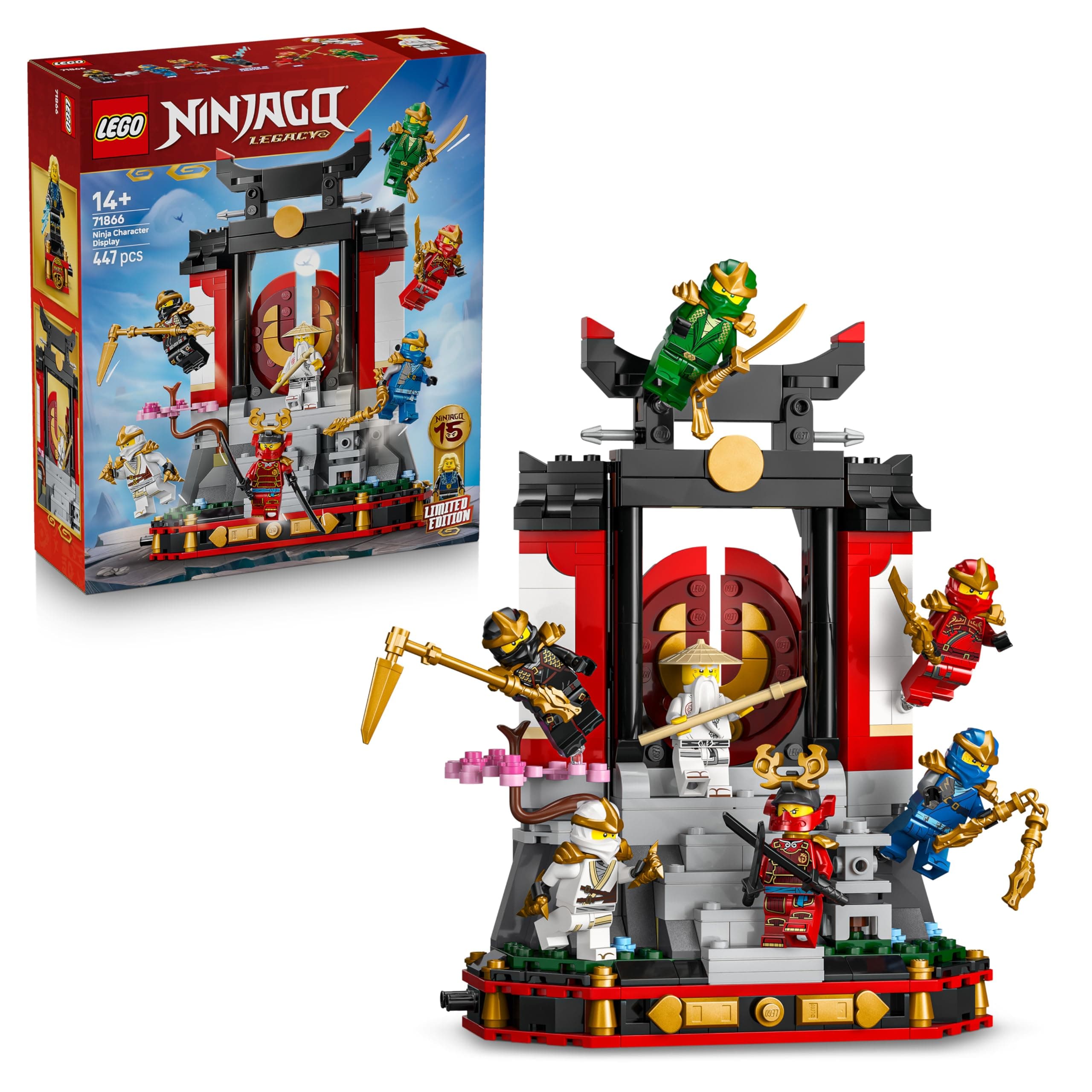 LEGO NINJAGO Display Personaggi Ninja – 15° Anniversario – Kit di Modellismo con Porta del Monastero, 8 Minifigure da Collezione e Spade – Regalo per Bambini, Ragazzi e Fan Adulti da 14 Anni – 71866